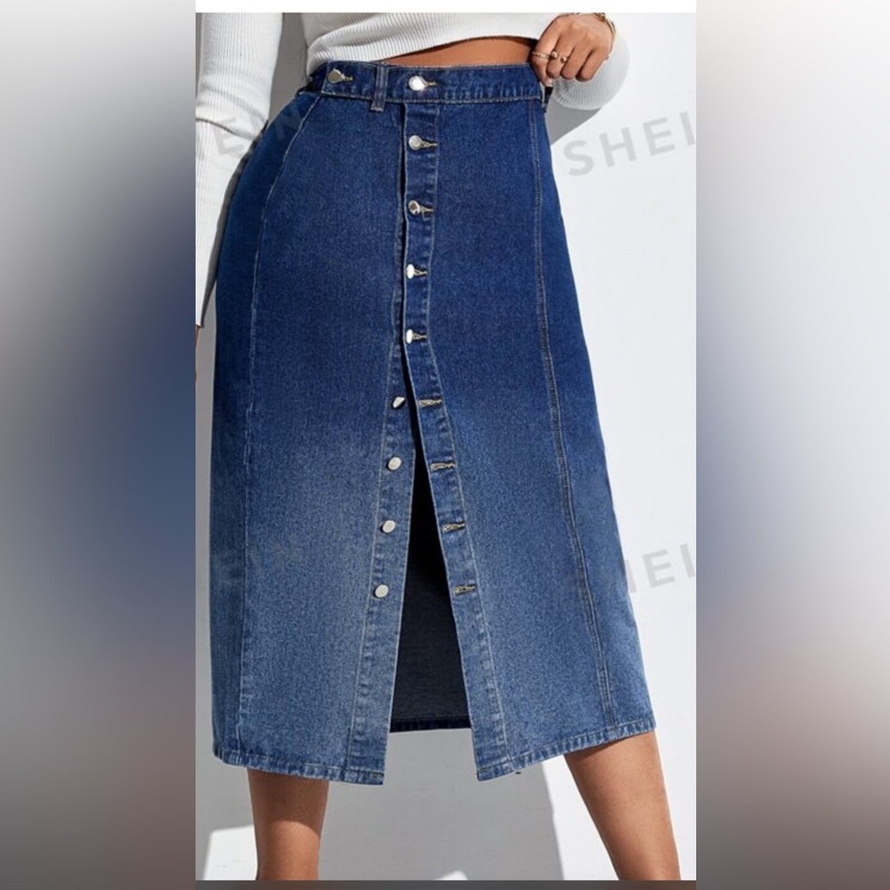 SHEIN SXY Plus Ombré High Waisted Single breasted Denim Skirt.